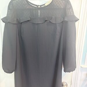 LOFT Petites Black Swiss Dot Ruffle Shift Dress Size 12P